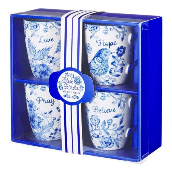 blue and white ceramic mugs