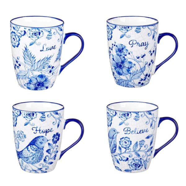 blue and white ceramic mugs