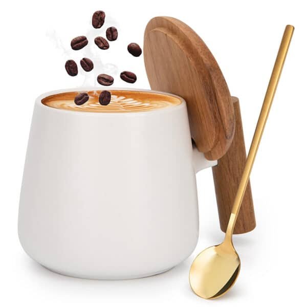 ceramic mug with lid and spoon