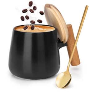 ceramic mug with lid and spoon