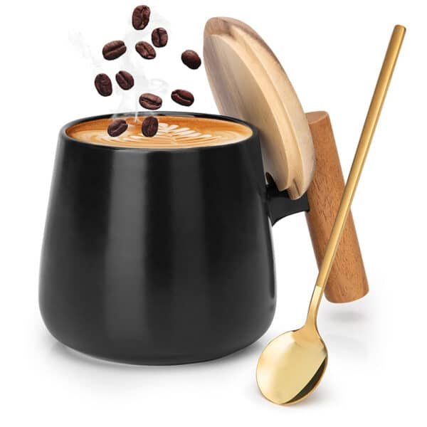 ceramic mug with lid and spoon