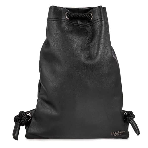 black leather drawstring backpack