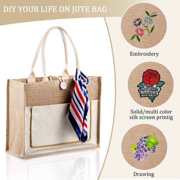 jute tote bag with canvas pocket