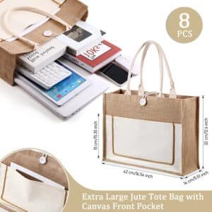 jute tote bag with canvas pocket