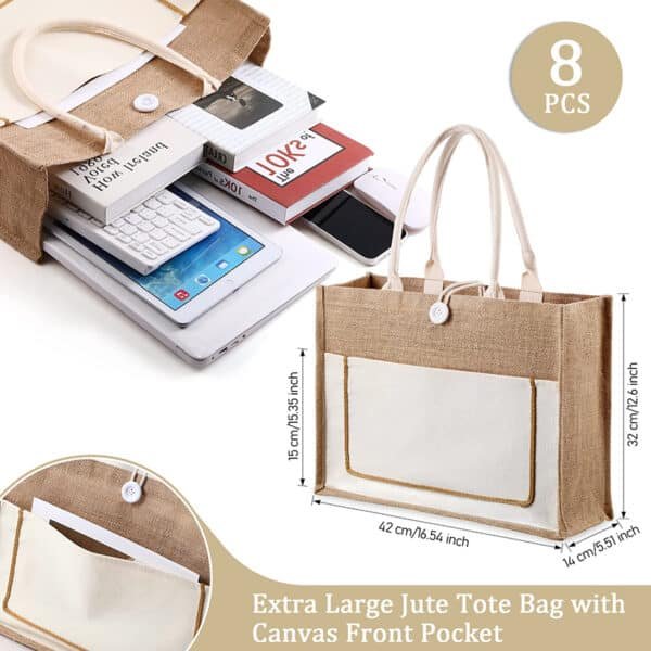 jute tote bag with canvas pocket