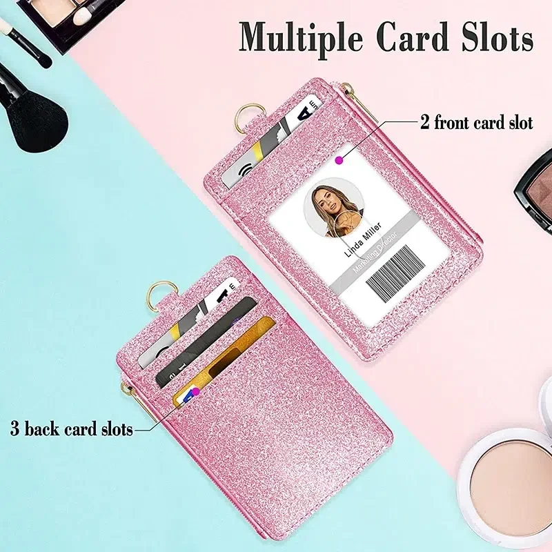 حامل بطاقة الحبل الوردي لامعة